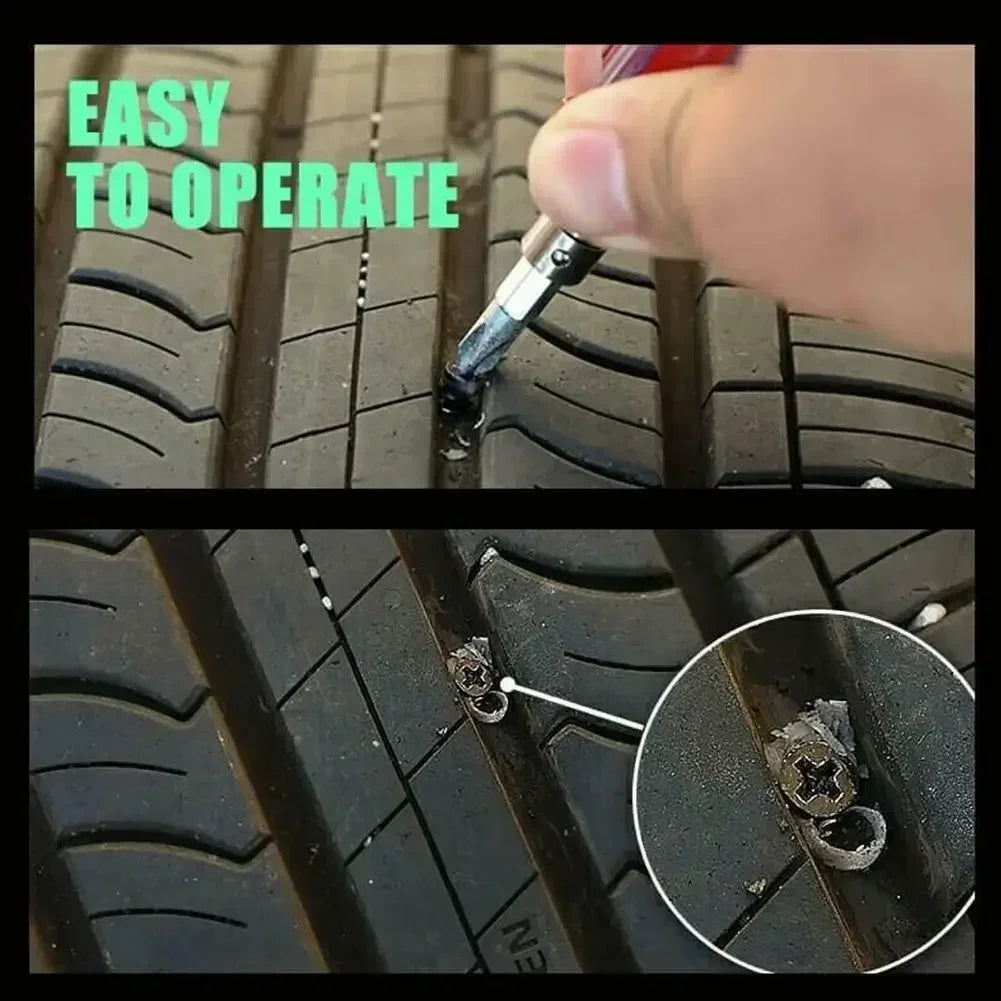 A hand is operating a self-repair rubber tire puncture nails kit on a black rubber tire tread.