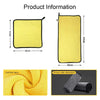 Yellow microfiber car cleaning towels shown in various sizes and a close-up of their soft fabric and strong water absorption.
