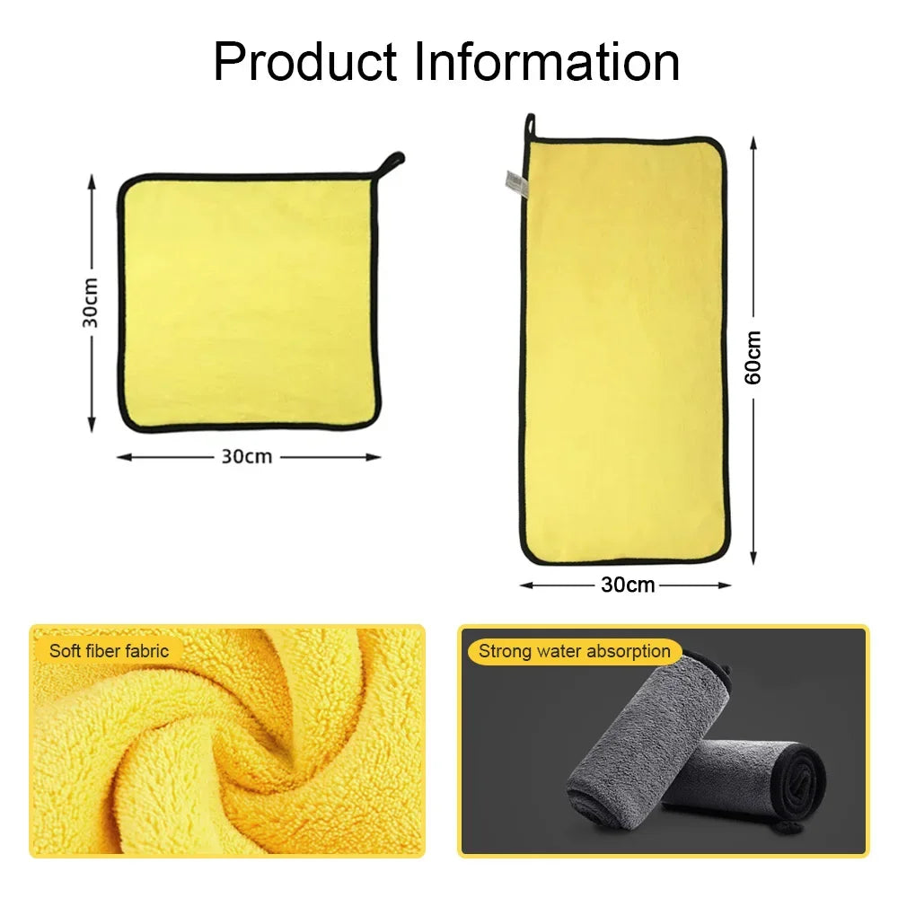 Yellow microfiber car cleaning towels shown in various sizes and a close-up of their soft fabric and strong water absorption.