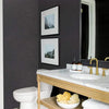 A bathroom vanity featuring a white sink and gold faucet, set against a dark gray wall with framed art.