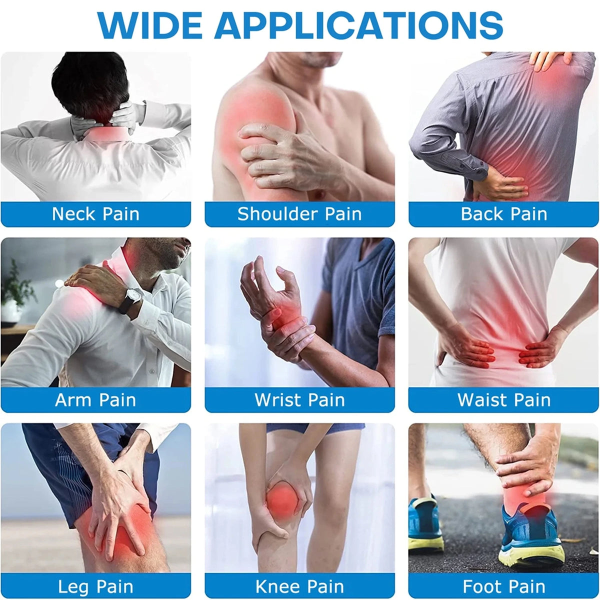 Various applications of a portable rechargeable muscle stimulator for pain relief including neck, shoulder, back, arm, wrist,