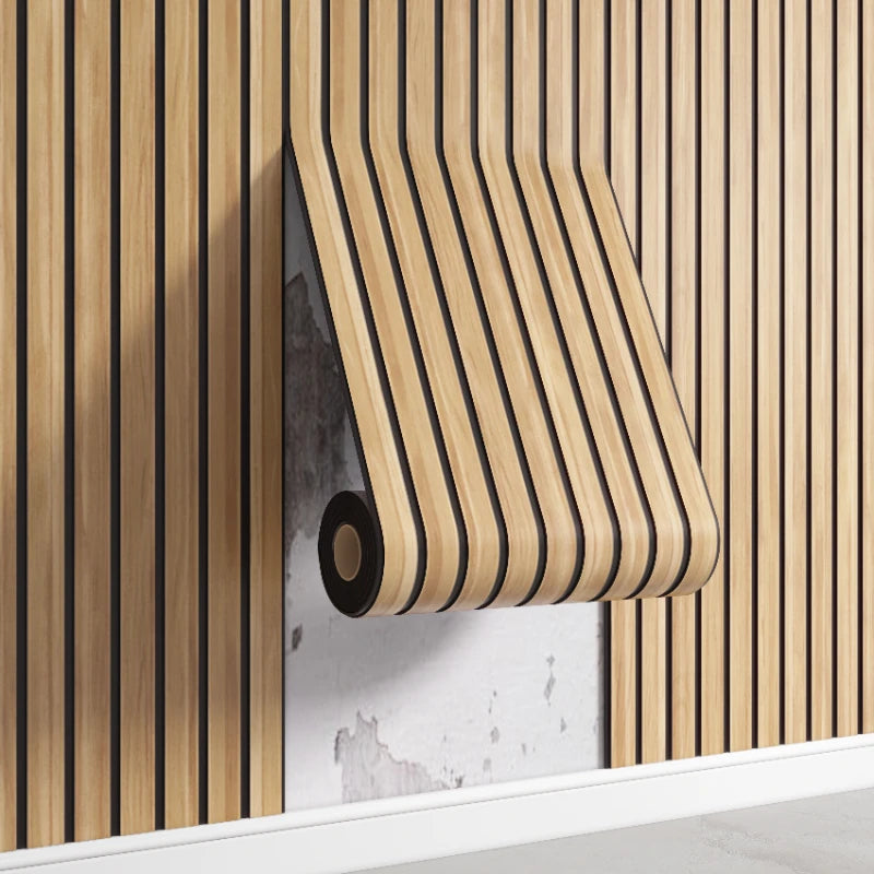 Roll of light wood 3D self-adhesive wall panels mounted on a white shelf