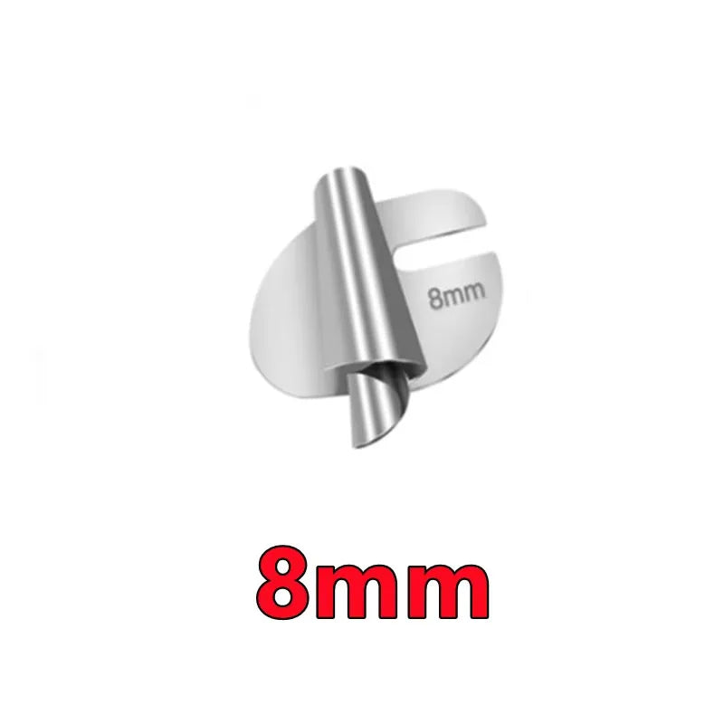 A silver rolled hemmer foot set with an 8mm size marking.