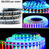 A close-up view of an individually addressable RGB LED strip light demonstrating various lighting patterns and installations.