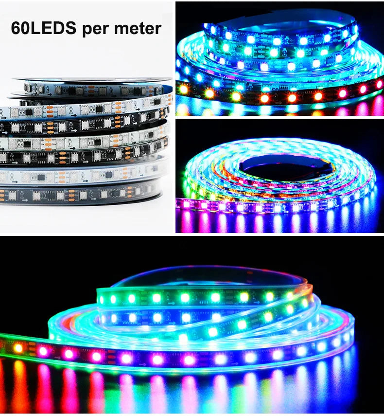 A close-up view of an individually addressable RGB LED strip light demonstrating various lighting patterns and installations.