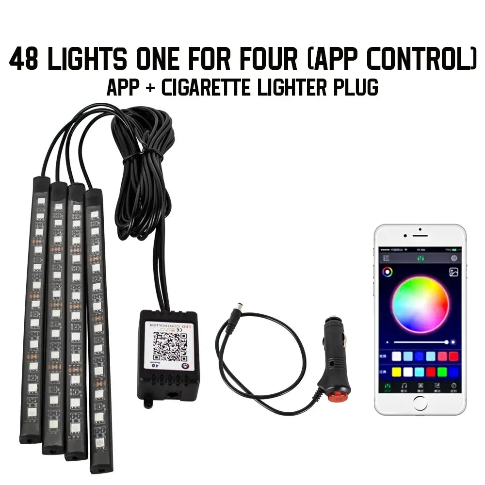 A set of 48 lights for a car underglow strip, featuring an app control and cigarette lighter plug.