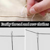 A set of fine stainless steel sewing needles shown with close-ups demonstrating their features and use for threading fabric.