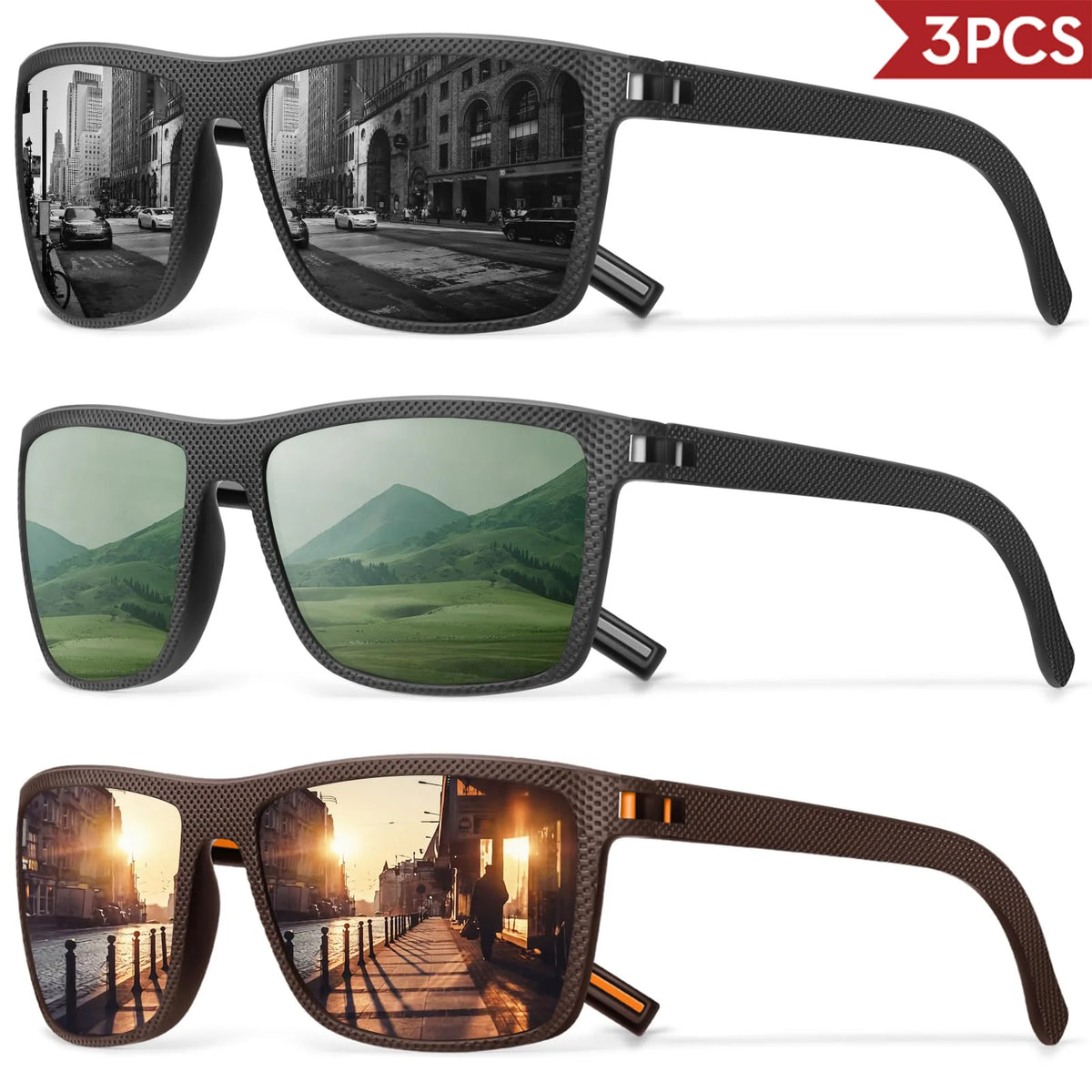 Three pairs of polarized square sunglasses shown in different colors and angles