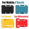 Wall-mount battery holders for Makita, Bosch, Dewalt, and Milwaukee power tools in black, blue, yellow, and red colors