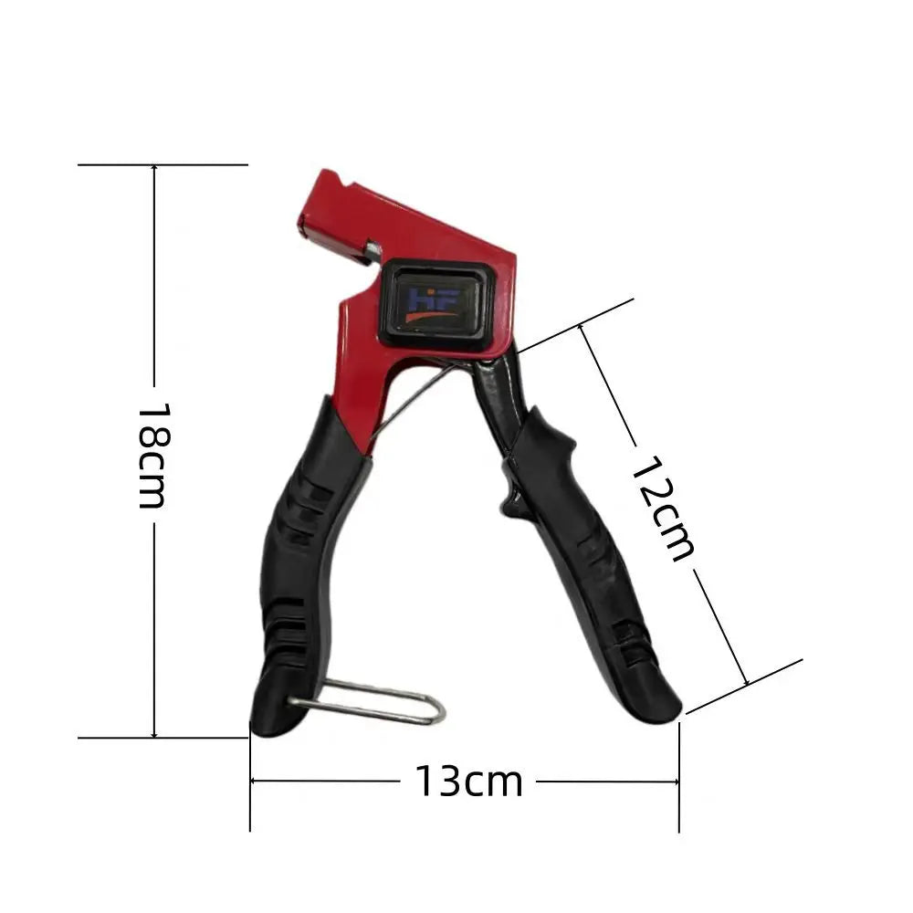 A red hand riveter tool for a rivet nut kit, shown with dimensions.