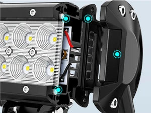 A close-up view of an LED flood light pod mounting system for off-road vehicles.