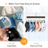 Before and after comparison showing a wooden clip hanger organizing various colored fabric caps and scarves.