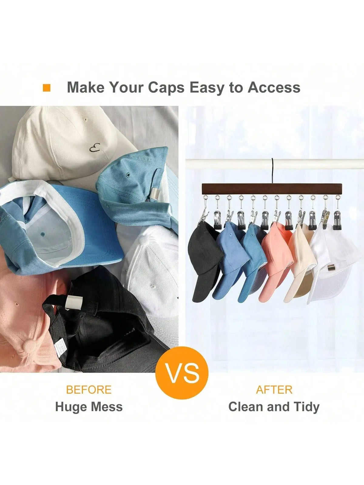 Before and after comparison showing a wooden clip hanger organizing various colored fabric caps and scarves.