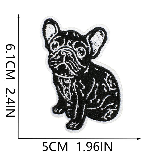 Black embroidered patch of a bulldog head and body on a white background.