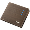 Brown striped leather wallet with stitching and blue accents shown from the top angle