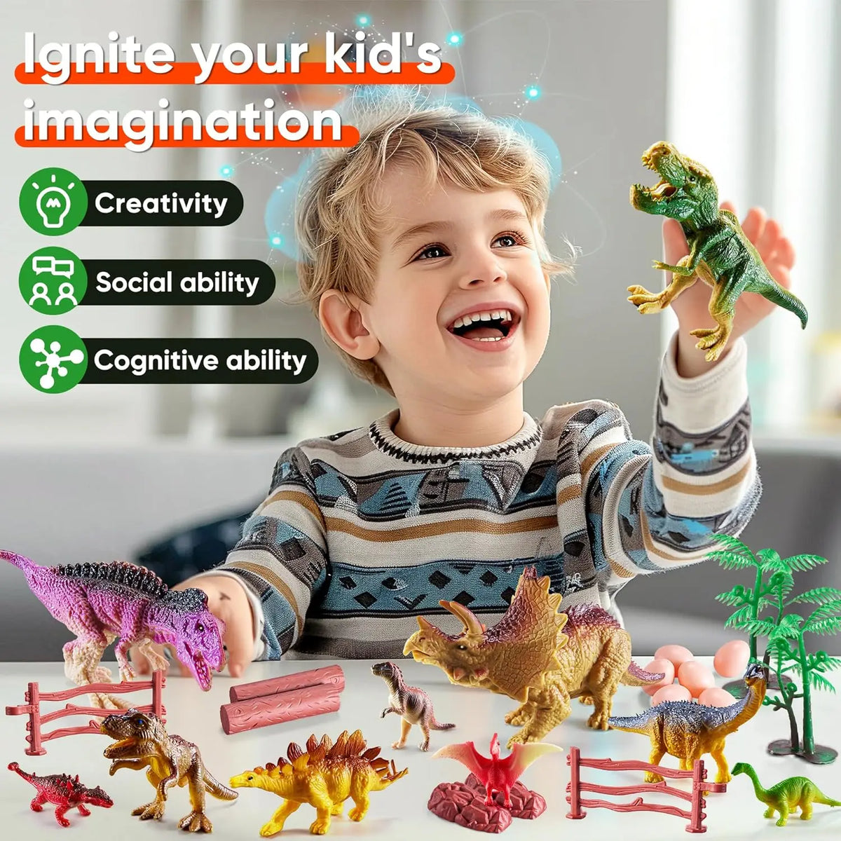 A young boy is playing with a 46-piece dinosaur figurine set, including various dinosaurs and a storage box.
