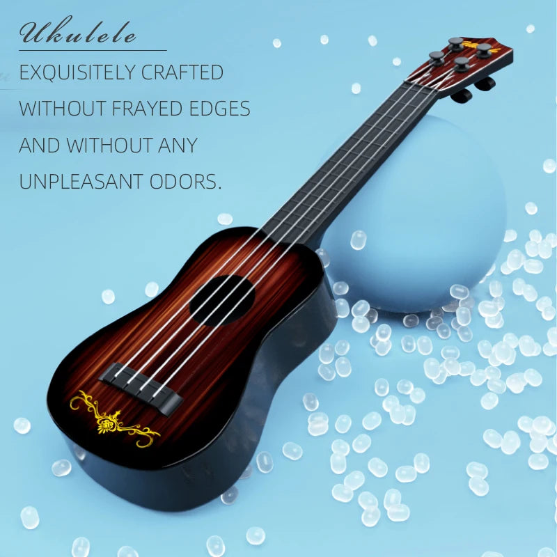 A dark wood ukulele guitar with a pick rests on a light blue surface surrounded by clear plastic beads.