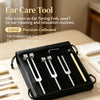 A black case containing a professional tuning fork set with various metal tuning forks and a wooden mallet.