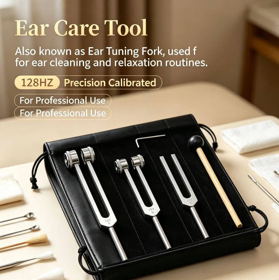 A black case containing a professional tuning fork set with various metal tuning forks and a wooden mallet.