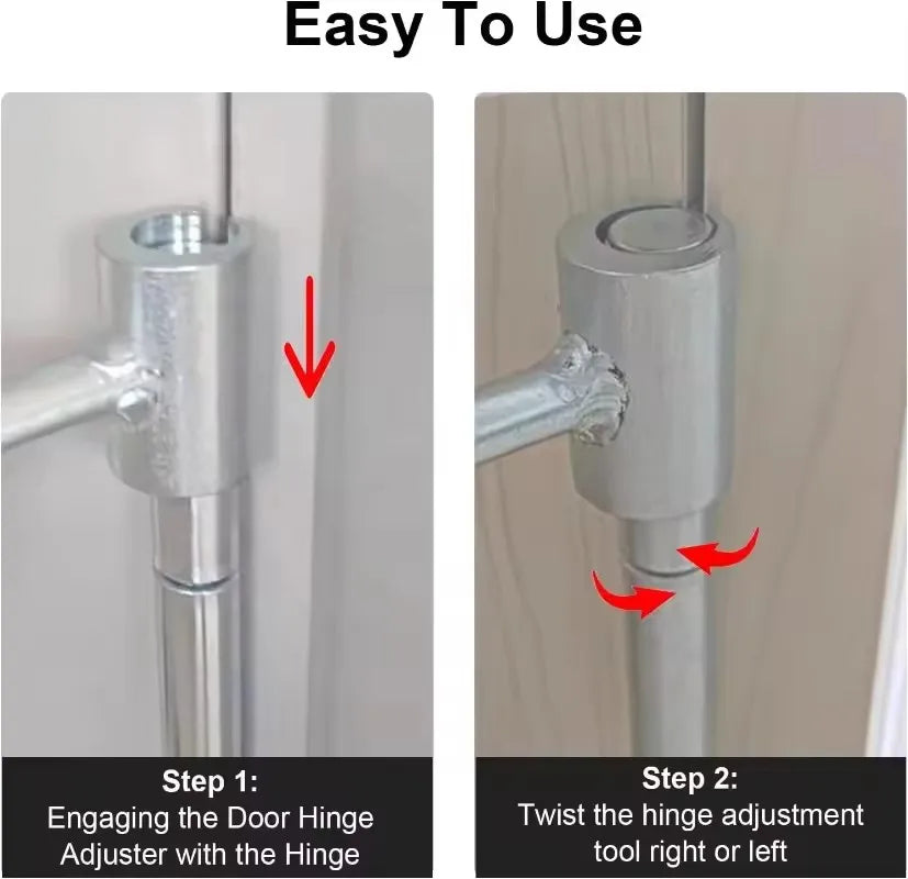 Step 2 of using the double-ended door hinge adjustment tool, showing how to twist the hinge right or left.