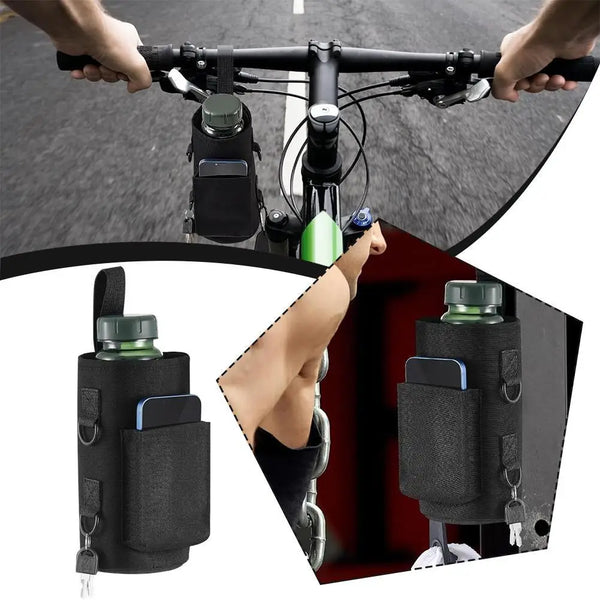 A black magnetic water bottle sling bag is shown being worn on a person's arm.
