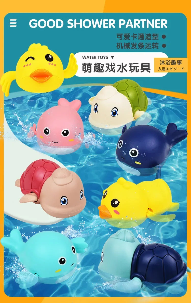 A set of wind-up bath toys featuring cartoon turtles, ducks, and whales floating in water.