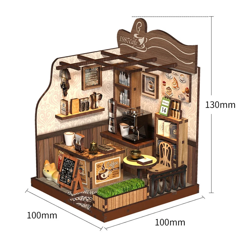 A wooden dollhouse miniature assembly kit featuring a cafe scene with shelves, counters, and lighting elements.