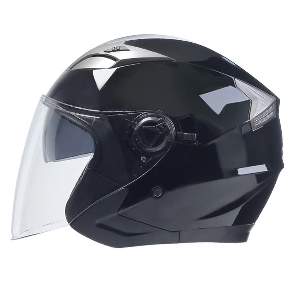 A glossy black vintage open-face motorcycle helmet with a clear double visor.
