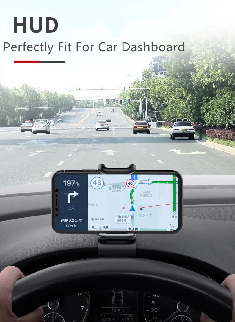 A smartphone displaying a navigation map is mounted on a car dashboard, demonstrating the HUD feature.