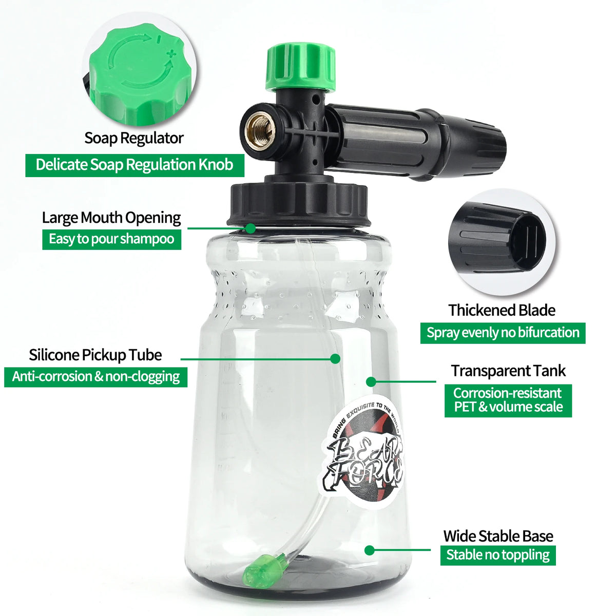 A clear plastic bottle for a pressure washer foam cannon with various components like a soap regulator and a thick blade.