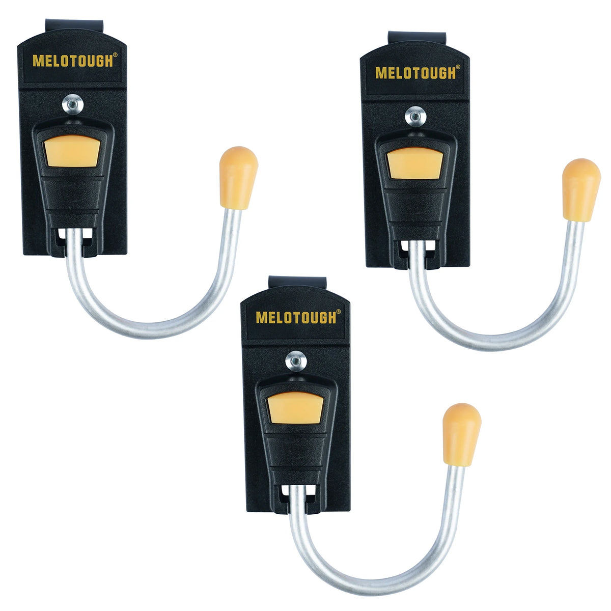 A black MELOTOUGH cordless drill holster with a metal belt hook and a flexible cord.
