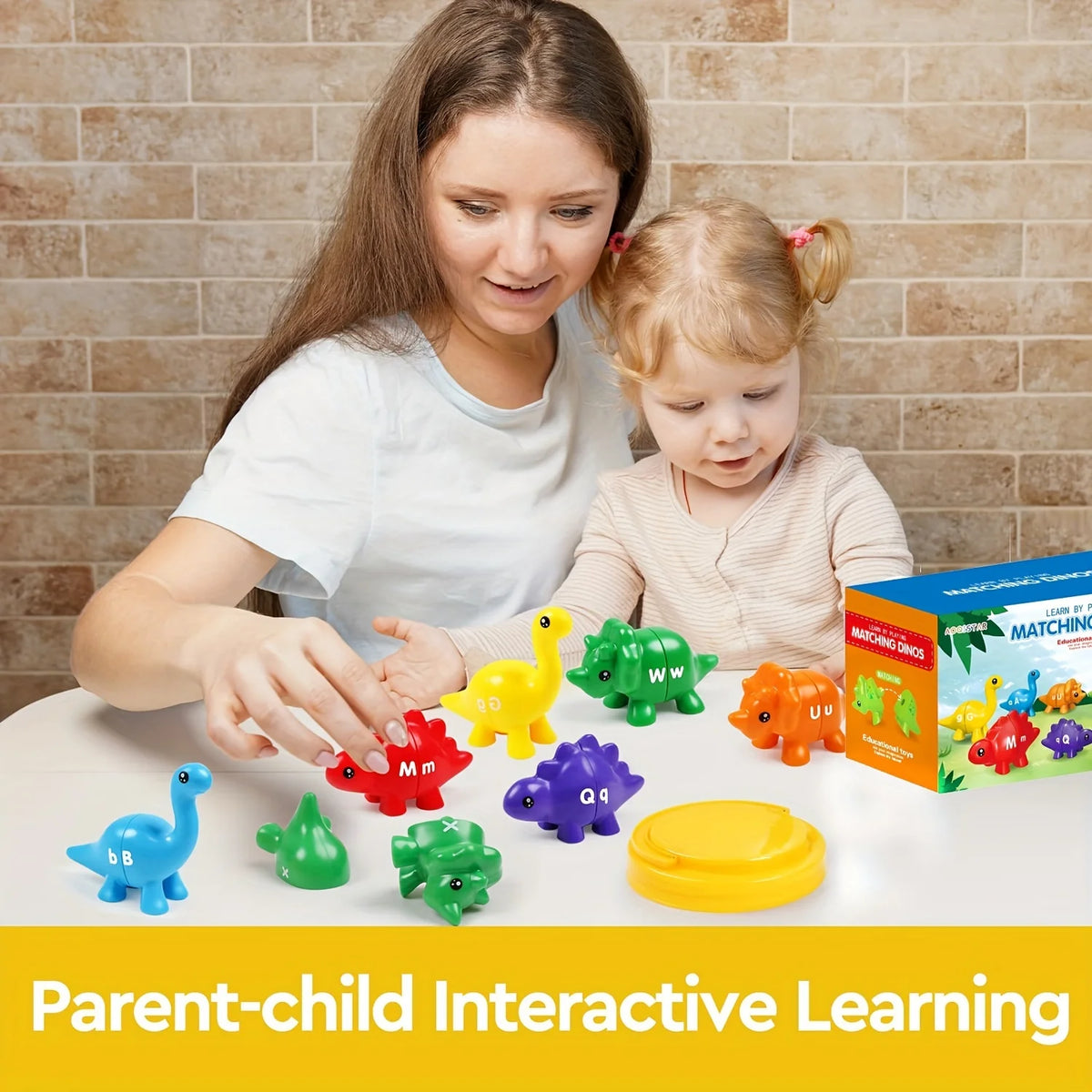 A mother and child interact with a dinosaur letter and number matching game set.