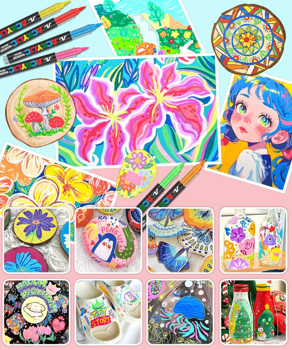 A collection of professional acrylic marker sets featuring various colorful illustrations and designs.
