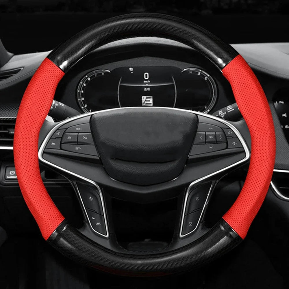 Carbon Fiber Leather Steering Wheel Cover with Anti-Slip Grip