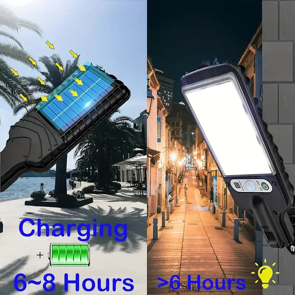 Une main tient une lumière de sécurité solaire, indiquant qu'elle se charge pendant 6 à 8 heures.