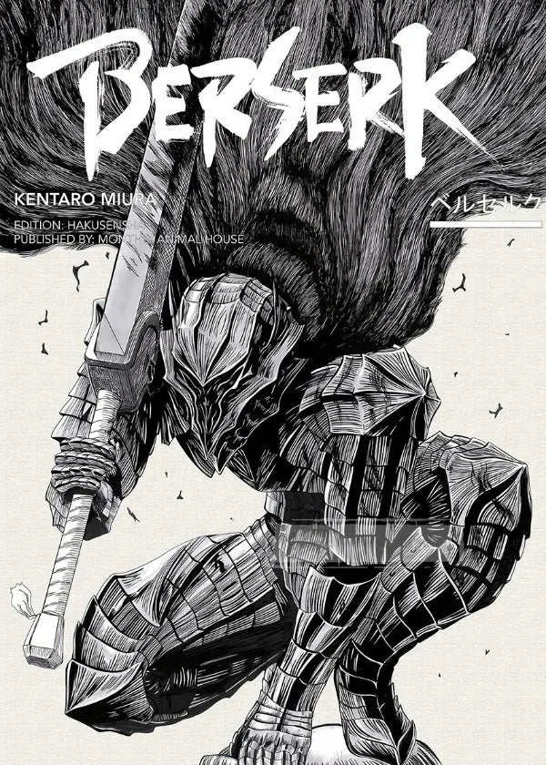 A black and white illustration of a fierce character with wild hair wielding a sword, featuring the title Berserk.