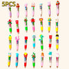 A collection of five multicolor ballpoint pens in various designs and colors suitable for party favors or classroom prizes.