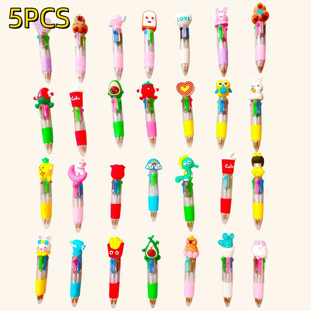 A collection of five multicolor ballpoint pens in various designs and colors suitable for party favors or classroom prizes.