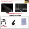 A black IPS HD screen dash cam is shown next to its included accessories: a car charger, a support mount, and a user manual.