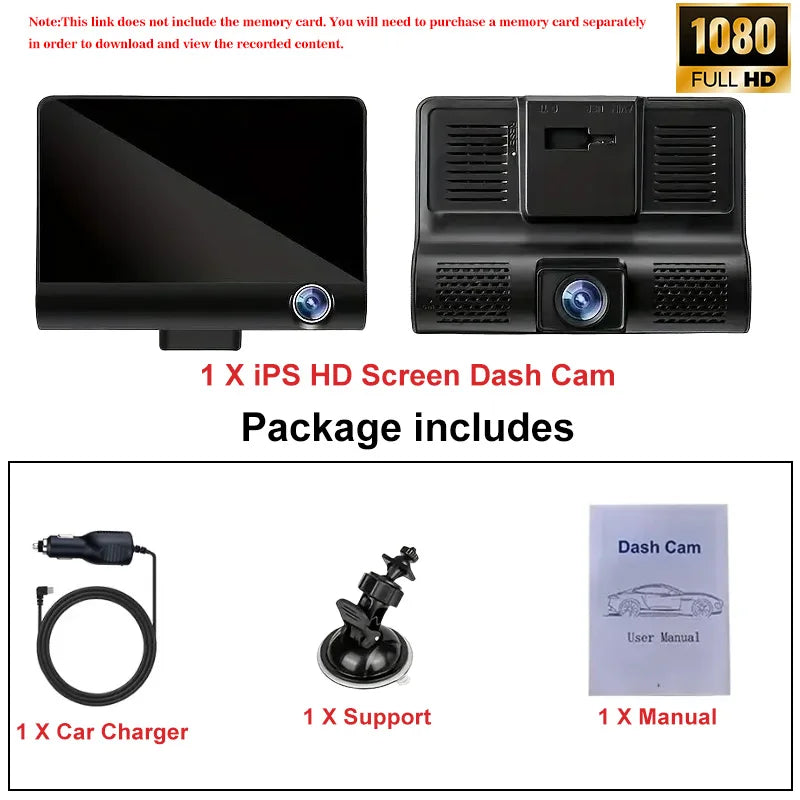 A black IPS HD screen dash cam is shown next to its included accessories: a car charger, a support mount, and a user manual.