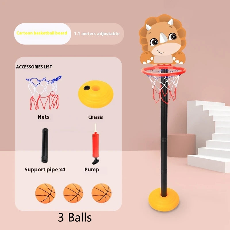 An adjustable kids basketball hoop with a cartoon design, featuring a red net, yellow chassis, and three basketballs.