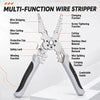 A pair of silver wire strippers with handles, showing various functions like stripping, cutting, and crimping.