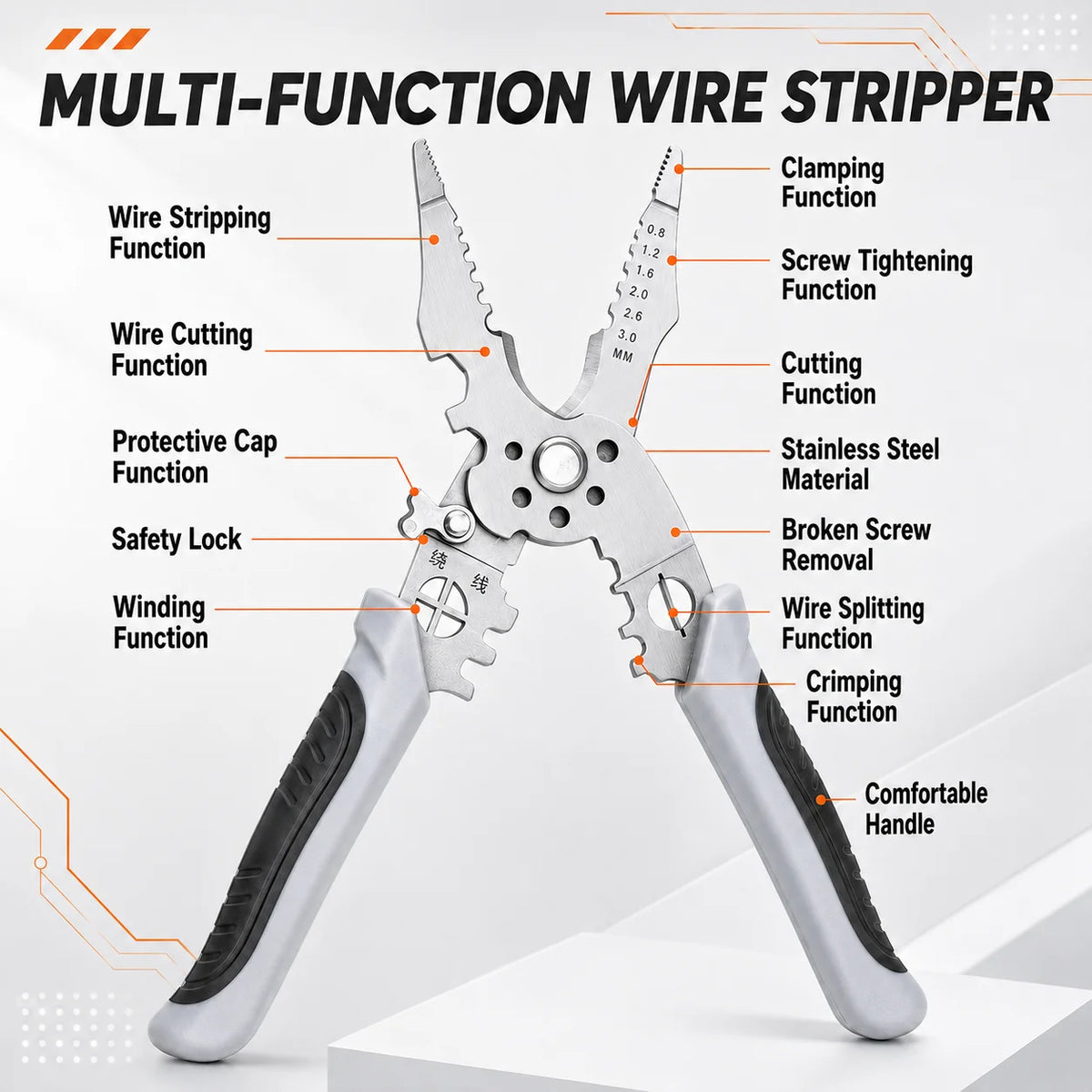 A pair of silver wire strippers with handles, showing various functions like stripping, cutting, and crimping.