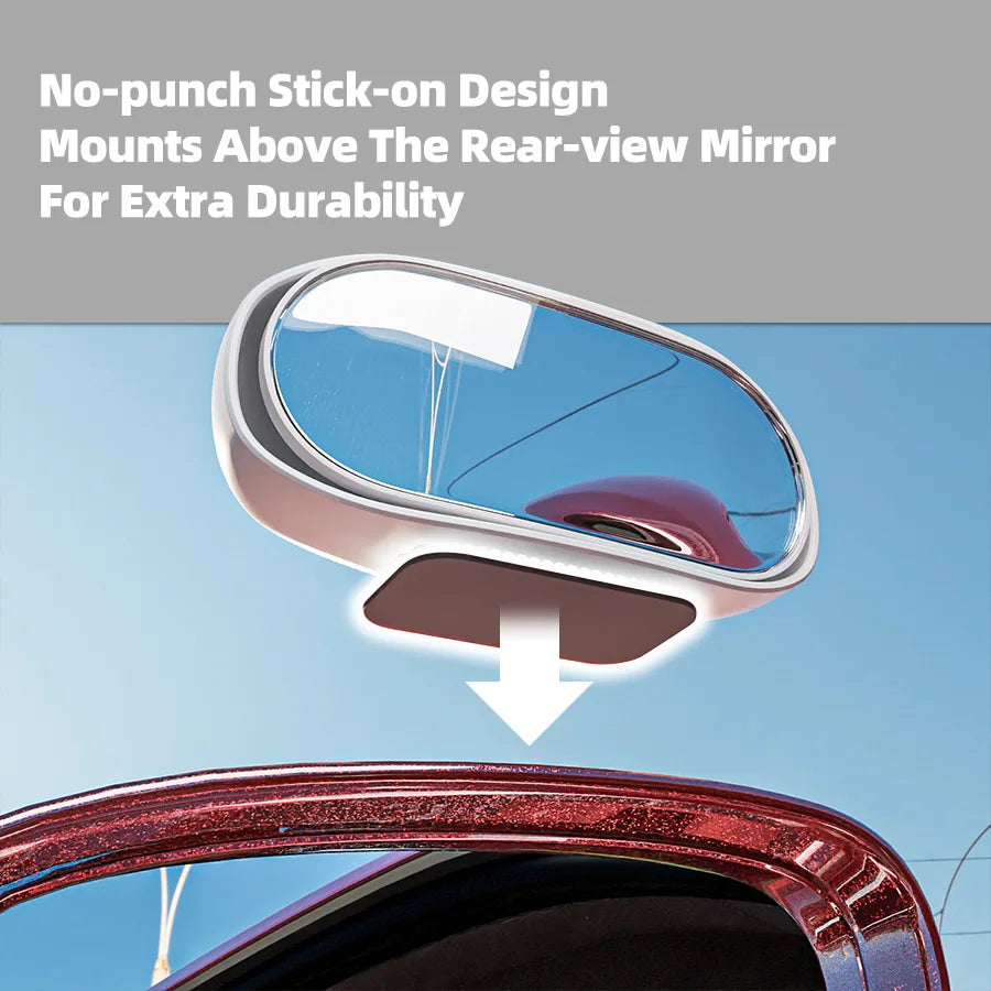 A stick-on mount for a car blind spot mirror positioned above the rear-view mirror for extra durability.