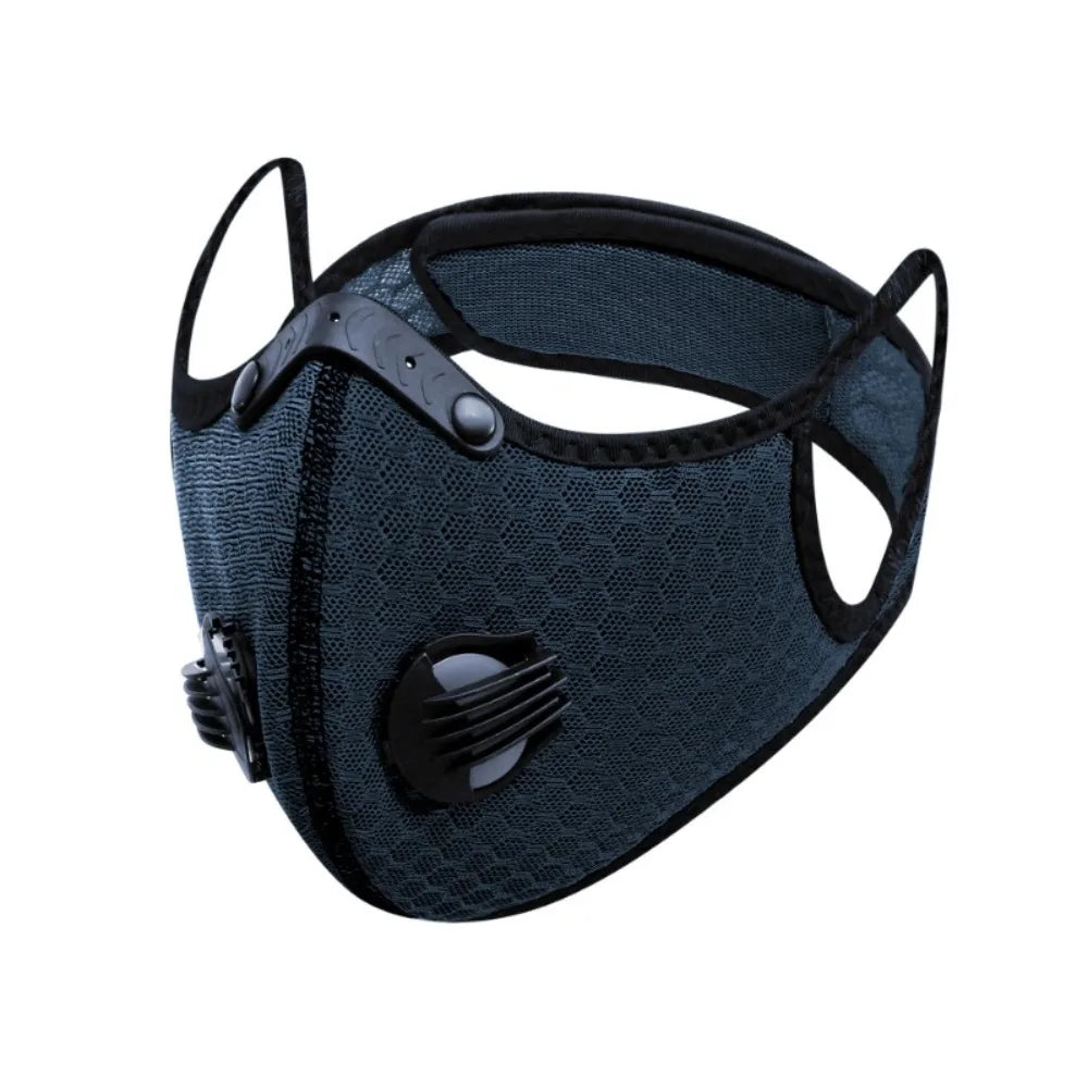 A black reusable dust mask with a flexible design and replaceable activated carbon filters.