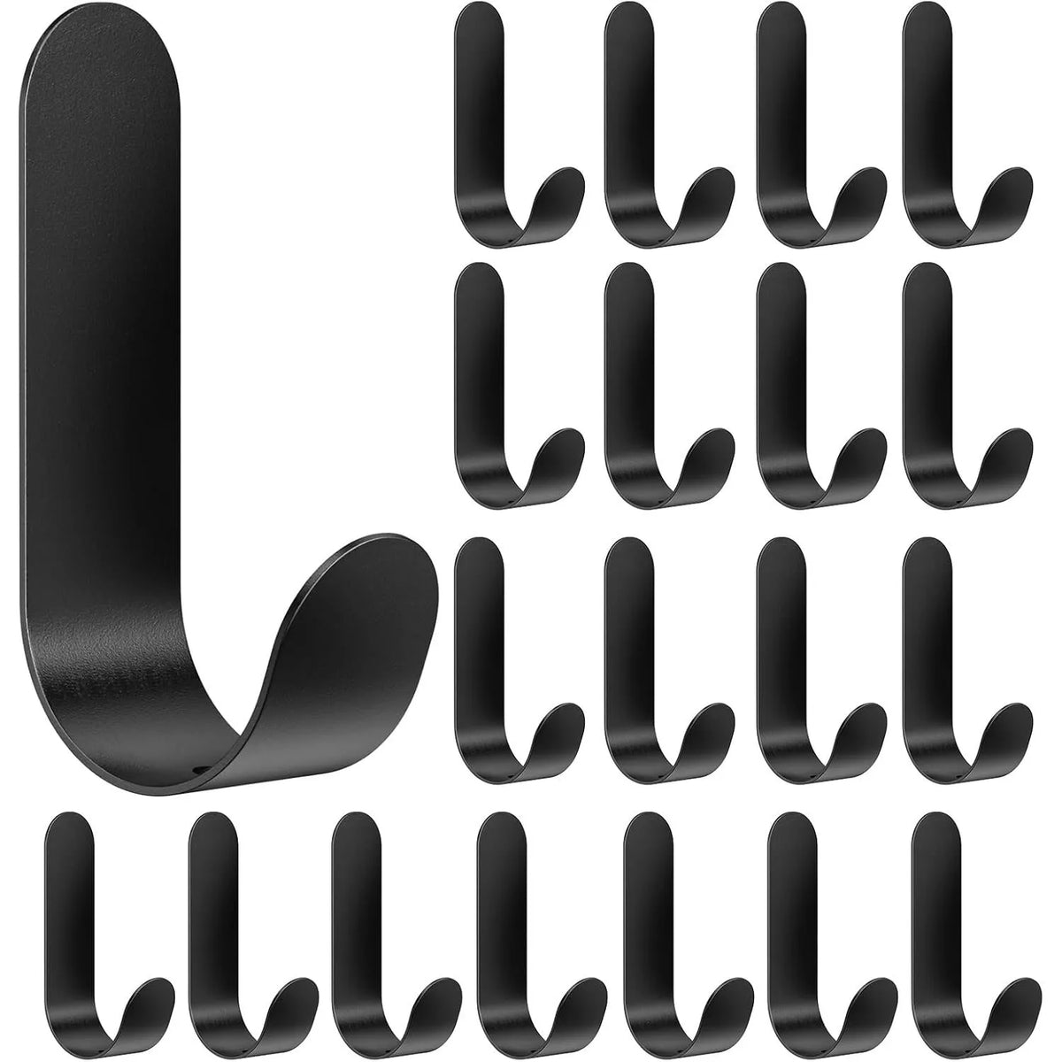 A set of black heavy-duty stainless steel self-adhesive wall hooks in various sizes and shapes.