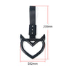 Black JDM Tsurikawa ring drift handle with a strap shown with dimensions.