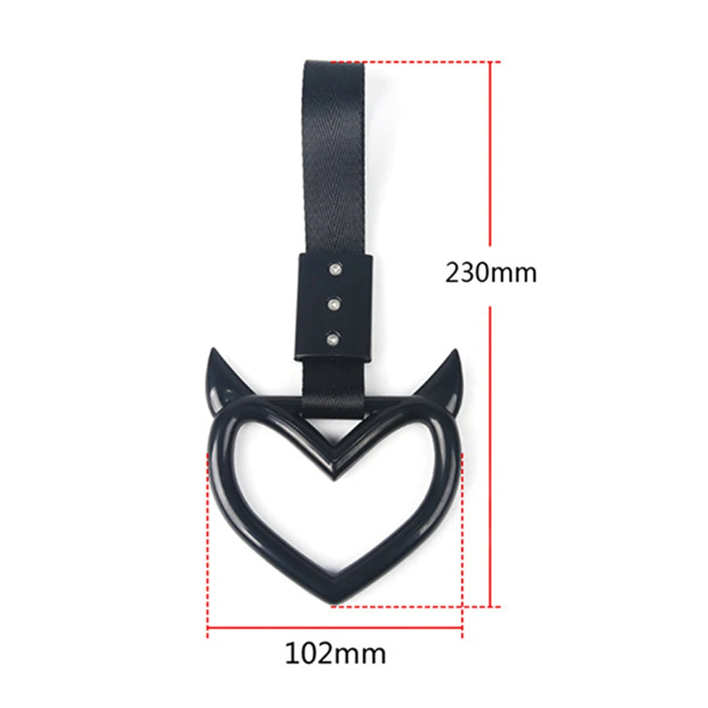 Black JDM Tsurikawa ring drift handle with a strap shown with dimensions.