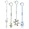 A set of four adjustable silicone pacifier chains in pastel colors, including pink, green, light blue, and purple.