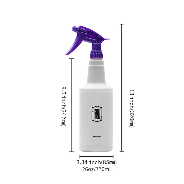 A white refillable spray bottle with a purple flexible nozzle and a black pump mechanism.